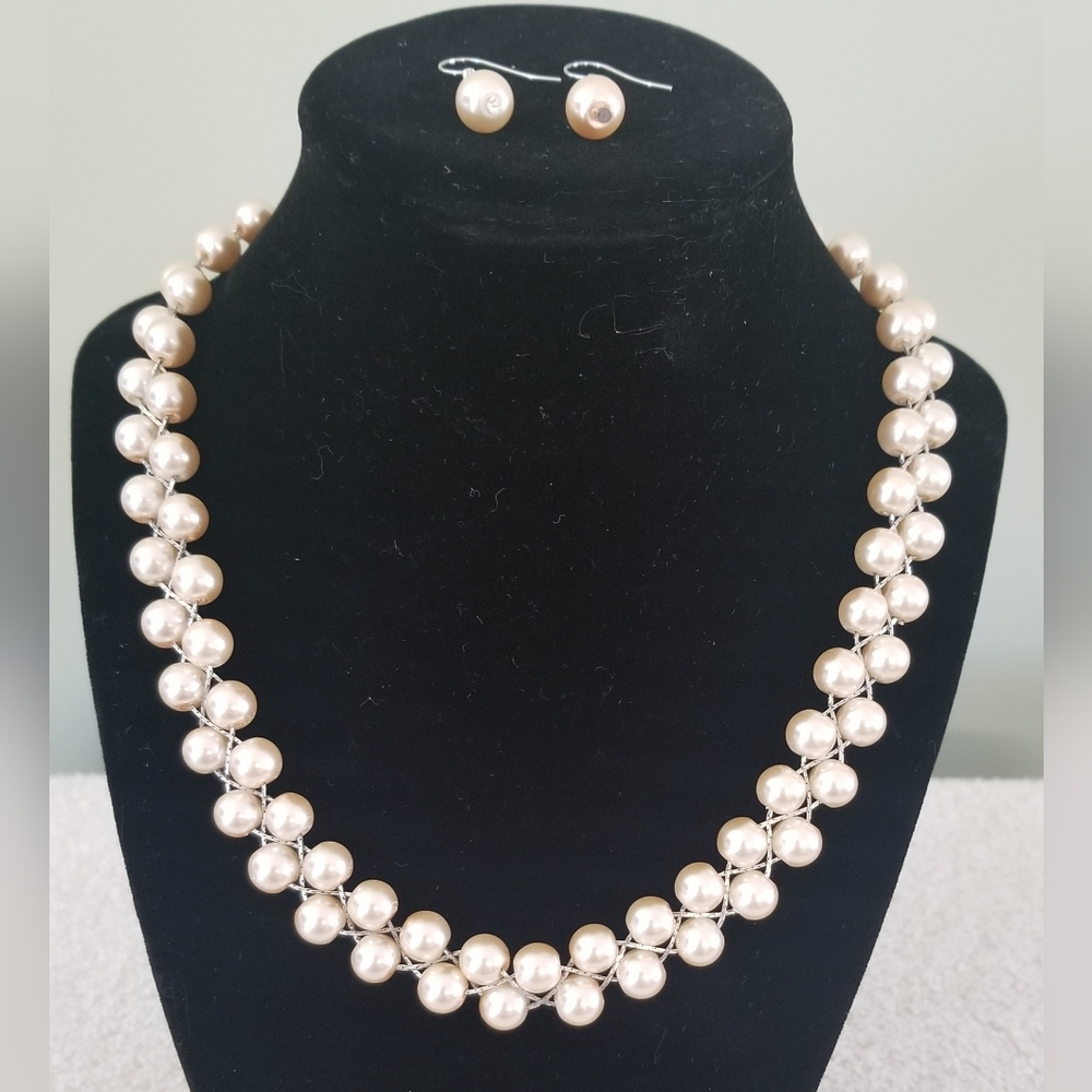 Classic Double Strand Faux Pearl Vintage Zigzag Design Necklace With Earrings